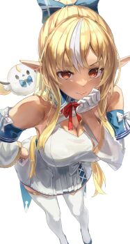 Rule 34 | 1girl, absurdres, bare shoulders, blonde hair, blue bow, bow, breasts, cleavage, cleavage cutout, closed mouth, clothing cutout, collar, commentary, cross-laced clothes, cross-laced dress, detached sleeves, elf, elfriend (shiranui flare), feet out of frame, from above, gloves, hair bow, hand on own chin, hand on own hip, highres, hololive, large breasts, lazyramen, long hair, looking at viewer, multicolored hair, pointy ears, red eyes, red ribbon, ribbon, shiranui flare, shiranui flare (1st costume), sidelocks, single hair streak, skirt, skirt bow, smile, solo focus, streaked hair, symbol-only commentary, virtual youtuber, white background, white gloves, white streaks