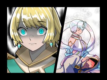 1other 2girls ambiguous_gender blonde_hair blue_eyes blush breasts cleavage closed_mouth commentary fire_emblem fire_emblem_heroes fjorm_(fire_emblem) grey_hair hood hood_up kiran_(fire_emblem) lap_pillow large_breasts mnejing30 multicolored_hair multiple_girls nintendo purple_hair seidr_(fire_emblem) shaded_face short_hair sitting smile yandere