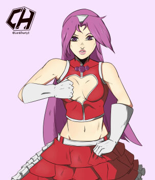 1girl absurdres artist_name asamiya_athena breasts charlyarts cleavage cleavage_cutout clothes_pull clothing_cutout dirty dirty_clothes gloves highres jojo_no_kimyou_na_bouken long_hair looking_at_viewer medium_breasts midriff navel no_bra parted_lips pink_lips psycho_soldier purple_eyes purple_hair skirt snk solo the_king_of_fighters the_king_of_fighters_2003 top_pull
