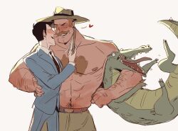 Rule 34 | 2boys, abs, alligator, arm hair, bara, black hair, blonde hair, blush, carrying, carrying under arm, citrus0lemon, closed eyes, couple, cowboy hat, cowboy shot, crocodilian, grey background, hand on another&#039;s back, hat, heart, highres, large pectorals, long sideburns, looking at another, male focus, mature male, mr. bidwell, multiple boys, muscular, muscular male, pectorals, saxton hale, seductive smile, short hair, sideburns, simple background, size difference, smile, team fortress 2, thick chest hair, thick mustache, topless male, yaoi