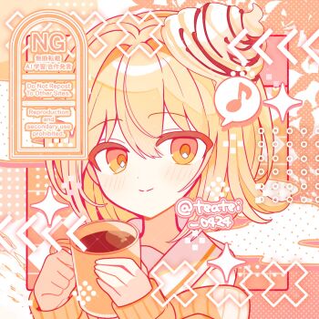 1girl blonde_hair blush borrowed_character closed_mouth collared_shirt commentary commission cup dot_nose double-parted_bangs hair_between_eyes hair_intakes highres holding holding_cup long_sleeves looking_at_viewer musical_note off_shoulder orange_sweater original portrait shirocha_tei shirt short_hair skeb_commission sleeves_past_wrists smile solo sparkle spoken_musical_note sweater twitter_username watermark white_shirt yellow_eyes