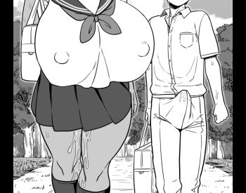 1boy 1girl aki_(amazon) amazon_(taitaitaira) bag breasts bulge erection erection_under_clothes face_out_of_frame gigantic_breasts head_out_of_frame height_difference huge_nipples large_ribbon open_collar outdoors pants pussy_juice sailor_collar school_uniform shirt short_shirt skirt sky standing sweat tagme walking yuu_(amazon)