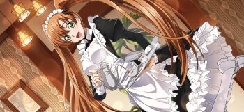 1girl apron artist_request black_dress blurry blush bokeh breasts code_geass code_geass:_lost_stories cork cup depth_of_field dress dutch_angle female_focus frilled_apron frilled_dress frilled_sleeves frills game_cg glint green_eyes hair_between_eyes happy highres holding holding_teapot holding_tray indoors jar juliet_sleeves leg_up long_dress long_hair long_sleeves looking_at_viewer maid maid_apron maid_headdress medium_breasts non-web_source official_art open_mouth orange_hair pantyhose picture_frame pouring puffy_sleeves saucer shirley_fenette shoes sidelocks smile solo spoon standing standing_on_one_leg steam granulated_sugar teacup teapot teeth tray twintails very_long_hair white_apron white_pantyhose white_shoes