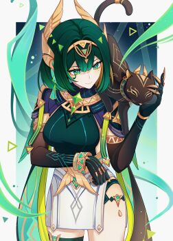 1girl absurdres black_cat black_gloves breasts bright_pupils cat closed_mouth cowboy_shot elbow_gloves ellox facial_tattoo genshin_impact gloves green_eyes green_hair hair_ornament highres holding jewelry large_breasts mask nefer_(genshin_impact) short_hair single_thighhigh smile solo symbol-shaped_pupils tattoo thigh_strap thighhighs triangle triangle-shaped_pupils white_pupils