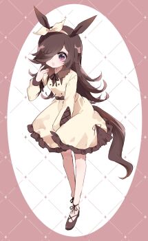 1girl :d animal_ears blue_flower blue_rose bow_hairband breasts brown_hair brown_shoes chinese_commentary collared_dress commentary_request dress flipped_hair flower full_body hair_over_one_eye hairband hand_up highres horse_ears horse_girl horse_tail long_hair long_sleeves looking_at_viewer official_alternate_costume open_mouth purple_eyes rice_shower_(casual)_(umamusume) rice_shower_(umamusume) rose shoes small_breasts smile solo standing tail umamusume yellow_dress yellow_hairband ying_(yingyi22874)