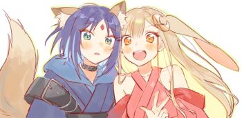 2girls :d animal_ear_fluff animal_ears black_choker blonde_hair blue_hair blue_hoodie blush cho_kaguya-hime! choker commentary_request crescent crescent_hair_ornament floppy_ears forehead_jewel fox_ears fox_tail green_eyes hair_ornament highres hood hoodie japanese_clothes kaguya_(cho_kaguya-hime!) kimono korean_commentary long_hair looking_at_viewer lop_rabbit_ears multiple_girls open_mouth rabbit_ears red_kimono sakayori_iroha short_hair smile tail tigre_mong upper_body w white_background yellow_eyes