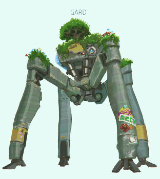 cheef0ng commentary english_commentary english_text highres mecha mecha_focus no_humans original overgrown robot science_fiction simple_background tree white_background