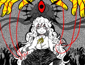 1girl ane_(etherane) animated animated_gif black_skirt charlotte_wiltshire colored_sclera hello_charlotte long_hair looking_at_viewer puppet_strings red_sclera ribbon shirt skirt smile static very_long_hair white_eyes white_hair white_shirt yellow_ribbon