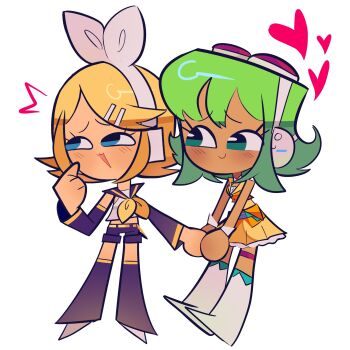 Rule 34 | 2girls, :3, belt, black leg warmers, black sailor collar, black shorts, black sleeves, blue eyes, boots, bow, cartoonized, chibi, chibi only, closed mouth, commentary, finger to cheek, frilled skirt, frills, goggles, goggles on head, green eyes, green hair, gumi, hair bow, hair ornament, hairclip, hand grab, headphones, heart, highres, jacket, kagamine rin, leg warmers, looking at another, looking to the side, midriff peek, multiple girls, neckerchief, open mouth, orange bag, orange jacket, orange skirt, pleated skirt, rainelyn00, red-tinted eyewear, sailor collar, shoes, short hair, shorts, sidelocks, simple background, skirt, smile, spanish commentary, tan, thigh strap, tinted eyewear, toon (style), triangle mouth, vocaloid, white-framed eyewear, white background, white boots, white bow, white shoes, wrist cuffs, yellow belt, yellow neckerchief, yuri