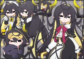 1girl absurdres animal animal_hood animal_hug apron argyle_background arm_support black_dress black_eyes black_gloves black_hair blonde_hair blush_stickers border bow bowtie brooch center_frills closed_mouth colored_inner_hair commentary_request commission creature crossed_bangs deformed detached_horns dress frills gloves grey_background grey_border hair_between_eyes hair_intakes hand_to_own_mouth heart highres hood hood_up hoodie hug jewelry jitome juliet_sleeves kisaragi_kaya long_hair long_sleeves looking_at_viewer low_wings maid_headdress multicolored_hair multiple_views neck_ribbon on_bench open_clothes open_hoodie original outside_border puff_of_air puffy_sleeves red_ribbon ribbon second-party_source sideways_mouth sitting sleep_mask smile smug tsurime very_long_hair w white_apron wings yellow_bow yellow_bowtie zzz