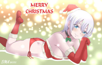 1girl ass black_hair blue_eyes blush breasts christmas dmayaichi fairy_tail large_breasts lisanna_strauss short_hair smile swimsuit