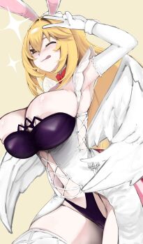 1girl :q absurdres alternate_breast_size_(larger) animal_ears areola_slip blonde_hair breasts cameltoe commentary_request elbow_gloves fake_animal_ears fake_wings gloves highleg highleg_leotard highres huge_breasts kisaragi_kureha leotard long_hair looking_at_viewer navel playboy_bunny rabbit_ears shokuhou_misaki smile solo sparkling_eyes thighhighs toaru_kagaku_no_mental_out toaru_kagaku_no_railgun toaru_majutsu_no_index tongue tongue_out v white_gloves white_thighhighs wings yellow_background yellow_eyes