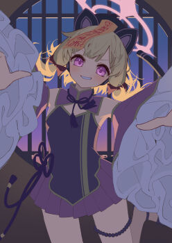 1girl animal_ears black_bow blonde_hair blue_archive blush bow breasts cat_ears cat_tail china_dress chinese_clothes detached_collar detached_sleeves dress frilled_sleeves frills halloween halo hat highres hiyayakko_(jfky2528) indoors jiangshi jiangshi_costume long_hair looking_at_viewer momoi_(blue_archive) ofuda ofuda_on_head pink_eyes pink_halo purple_dress qingdai_guanmao sleeves_past_wrists small_breasts smile solo tail thigh_strap twintails