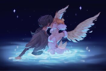 1boy 1girl ahiru_(princess_tutu) ahoge armpits artist_name ballerina black_hair breasts cleavage collarbone commentary dark_background dress english_commentary fakir_(princess_tutu) feathered_wings hand_on_another's_waist hetero highres huge_ahoge in_water kiss low_ponytail magical_girl official_alternate_costume orange_hair pale_skin ponytail princess_tutu princess_tutu_(character) upper_body white_dress white_wings winged_arms wings xelkis