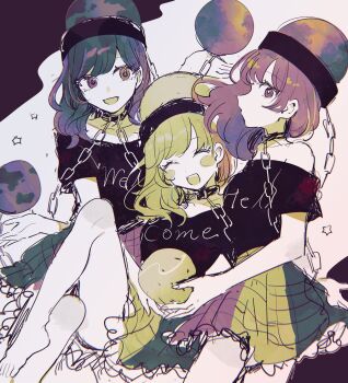 3girls :d ^_^ bare_arms bare_legs bare_shoulders barefoot black_shirt blush_stickers chain closed_eyes clothes_writing collar collarbone commentary_request earth_(ornament) frilled_skirt frills hat hecatia_lapislazuli hecatia_lapislazuli_(earth) hecatia_lapislazuli_(moon) highres limited_palette medium_hair moon_(ornament) mozukuzu_(manukedori) multicolored_skirt multiple_girls multiple_persona off-shoulder_shirt off_shoulder open_mouth plaid_clothes plaid_skirt profile shirt short_sleeves sketch skirt smile star_(symbol) swept_bangs touhou two-tone_background