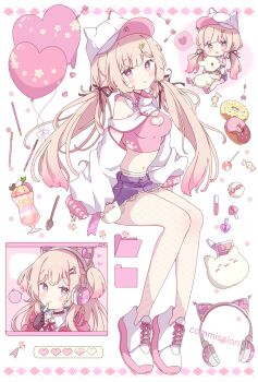 1girl :d absurdres animal_ear_headphones animal_ears balloon black_ribbon blonde_hair blush breasts brown_gloves cat_ear_headphones cat_ears chibi cleavage cleavage_cutout closed_mouth clothing_cutout commentary commission crop_top cropped_shirt cup donut drinking_glass fake_animal_ears fingerless_gloves fishnet_pantyhose fishnets food full_body gloves green_nails hair_ribbon hat headphones heart heart-shaped_pupils heart_balloon highres lipstick long_hair long_sleeves looking_at_viewer low_twintails makeup medium_breasts midriff momose_nina multiple_views nail_polish navel open_mouth pantyhose pink_eyes pink_shirt project_nebula purple_shorts ribbon shirt shoes shorts sitting skeb_commission sleeves_past_fingers sleeves_past_wrists smile sneakers spoon symbol-shaped_pupils tsukiyo_(skymint) twintails unworn_headphones virtual_youtuber white_background white_hat white_pantyhose white_shoes