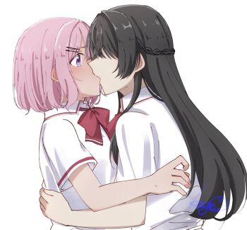 Rule 34 | 2girls, amaori renako, ashigaya high school uniform, black hair, blush, bow, bowtie, braid, collared shirt, commentary, ear blush, half up braid, highres, kage ochi, kiss, koto satsuki, medium hair, multiple girls, pink hair, purple eyes, red bow, red bowtie, school uniform, shirt, simple background, upper body, watashi ga koibito ni nareru wake naijan murimuri!, white background, white shirt, yuri