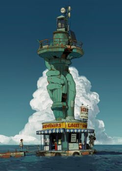 1boy alariko antennae blue_sky cloud day ocean original outdoors post-apocalypse scenery sky solo statue_of_liberty torch