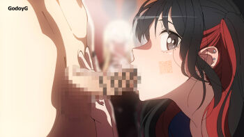 2boys 2girls artist_name bar_censor black_hair brown_eyes censored commentary earrings english_commentary felipe_godoy fellatio from_side group_sex highres jewelry kitagawa_marin looking_at_viewer mosaic_censoring multiple_boys multiple_girls oral paid_reward_available penis profile qr_code red_hair sono_bisque_doll_wa_koi_wo_suru stud_earrings sugaya_nowa testicles