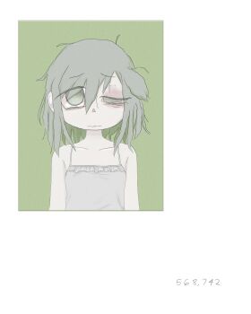 Rule 34 | 1girl, absurdres, bags under eyes, bare shoulders, camisole, closed mouth, collarbone, frilled camisole, frills, green background, green eyes, grey camisole, grey hair, highres, mentha (menthalovely), mint (menthalovely), original, short hair, solo, wavy mouth