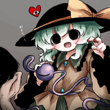 1boy 1girl black_eyes black_hair black_hat blood blood_on_hands blush bow buttons collared_shirt covering_own_eyes diamond_button eyeball fedora floral_print frilled_shirt_collar frills green_hair green_skirt grey_background hat hat_bow heart heart_of_string heripantomorrow komeiji_koishi long_sleeves medium_hair open_mouth shirt simple_background skirt smile solid_circle_pupils third_eye touhou translation_request wide_sleeves yellow_bow yellow_shirt