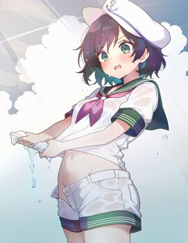 1girl anchor_symbol black_hair blush breasts chikuzen1996 colored_inner_hair commentary_request green_eyes green_hair green_sailor_collar hat highres medium_hair multicolored_hair murasa_minamitsu no_panties open_clothes open_fly open_mouth open_shorts puffy_short_sleeves puffy_sleeves sailor_collar sailor_hat sailor_shirt shirt short_sleeves shorts small_breasts solo touhou water wet wet_clothes wet_shirt wet_shorts white_hat white_shirt white_shorts wringing_clothes