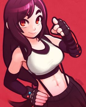 1girl abs bare_shoulders black_gloves black_hair black_skirt breasts closed_mouth commentary_request crop_top elbow_gloves final_fantasy final_fantasy_vii final_fantasy_vii_remake fingerless_gloves gloves hand_on_own_hip highres large_breasts long_hair looking_at_viewer midriff navel red_background red_eyes simple_background skirt smile solo suspender_skirt suspenders tank_top tifa_lockhart tsuvida white_tank_top