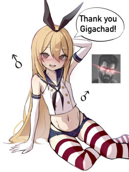1boy animal_ears arm_behind_head arm_support arm_up armpits azulasi bare_shoulders black_neckerchief blonde_hair blue_sailor_collar blue_skirt blush buttons commentary_request crop_top crossdressing crossdressing_(mtf) double-breasted double-parted_bangs elbow_gloves empty_eyes english_text eye_trail fake_animal_ears genderswap genderswap_(ftm) gigachad_(meme) gloves glowing glowing_eye grey_eyes hair_between_eyes highleg highleg_panties highres kantai_collection light_trail long_hair looking_at_viewer male_focus mars_symbol meme microskirt midriff navel neckerchief nose_blush open_mouth panties panty_straps photo_inset pleated_skirt rabbit_ears real_life_insert sailor_collar shimakaze-kun shimakaze_(kancolle) simple_background sitting skirt speech_bubble striped_clothes striped_thighhighs thank_you thighhighs thong trap underwear very_long_hair white_background white_gloves yokozuwari