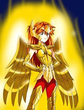 1girl adapted_costume amondetauro armor aura blue_eyes breastplate brown_hair cosplay full_armor gold_armor gold_saint hands_on_own_hips helmet long_hair looking_at_viewer mechanical_wings neon_genesis_evangelion pants pauldrons red_pants red_shirt sagittarius_aioros_(cosplay) saint_seiya shiny_clothes shirt shoulder_armor smile solo souryuu_asuka_langley standing what wings