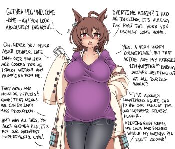 1girl absurdres agnes_tachyon_(casual)_(umamusume) agnes_tachyon_(umamusume) ahoge animal_ears black_pants blush breasts brown_eyes brown_hair commentary deculture drink english_commentary english_text hair_between_eyes hand_on_own_hip highres holding holding_drink horse_ears horse_girl lab_coat large_breasts looking_at_viewer monster_energy open_mouth pants pregnant purple_shirt shirt short_hair sleeves_past_wrists solo teeth umamusume upper_teeth_only
