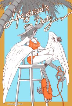 1girl binoculars breasts cleavage clothes_writing daonepiece english_text harpy hat highres holding holding_binoculars holding_swim_ring innertube legband licking_lips lifeguard lifeguard_tower long_hair micro_shorts monet_(one_piece) monster_girl one_piece orange_shorts orange_tank_top palm_tree round_eyewear shorts sitting smile straw_hat swim_ring tank_top tongue tongue_out tree winged_arms wings