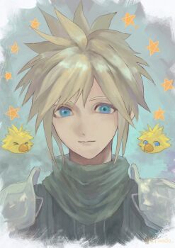 Rule 34 | 1boy, absurdres, armor, blonde hair, blue eyes, blue jacket, chiwabo, chocobo, closed mouth, cloud strife, commentary, crisis core: final fantasy vii, final fantasy, final fantasy vii, green scarf, highres, jacket, looking at viewer, male focus, scarf, shinra infantry uniform, short hair, shoulder armor, solo, spiked hair, star (symbol), straight-on, untranslatable commentary, upper body