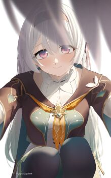 1girl 1other black_bow black_hairband black_jacket blush bow breasts closed_mouth commentary_request cryne firefly_(honkai:_star_rail) frilled_shirt_collar frills gradient_hair green_hair green_thighhighs hair_bow hairband highres honkai:_star_rail honkai_(series) jacket large_breasts long_hair looking_at_viewer multicolored_hair pov purple_eyes shirt smile solo squatting thighhighs twitter_username very_long_hair white_hair white_shirt