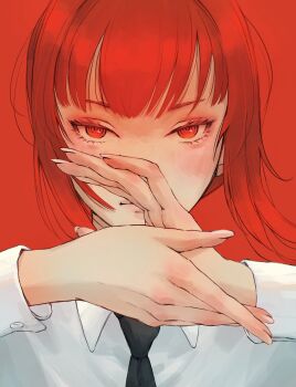 1girl absurdres black_necktie chainsaw_man closed_mouth collared_shirt commentary hands_up highres long_sleeves looking_at_viewer makima_(chainsaw_man) necktie portrait red_background red_eyes red_hair ringed_eyes shirt short_hair_with_long_locks simple_background solo tsudadaikei white_shirt