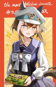 1girl animal_ears blue_eyes blush bow bowtie breasts brown_hair cheval_grand_(umamusume) chocolate collarbone commentary_request ear_covers ears_through_headwear hair_between_eyes hat hat_belt highres holding horse_ears horse_girl horse_tail kinoko_no_yama long_sleeves looking_at_viewer medium_hair multicolored_hair open_mouth peaked_cap purple_sailor_collar purple_serafuku purple_shirt purple_skirt sailor_collar sailor_shirt school_uniform serafuku shirt skirt smile solo streaked_hair tail tracen_school_uniform umamusume white_bow white_bowtie white_hair white_hat yoojp