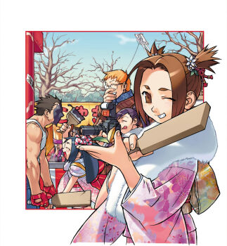 Rule 34 | :d, :p, ;d, bare shoulders, black hair, bow, brown eyes, brown hair, camera, closed eyes, commentary, edaki shin'ya, edge (justice gakuen), english commentary, festival, fingerless gloves, floral print, floral print kimono, flower, from side, fur-trimmed kimono, fur trim, game cg, glasses, gloves, hagoita, hair bow, hair flower, hair ornament, hand to own mouth, hanetsuki, hibiki ran, highres, holding, holding camera, ichimonji batsu, isurugi gan, japanese clothes, justice gakuen, kagami kyosuke, karuizawa momo, kimono, kite, kuji-in, laughing, looking at viewer, moero! justice gakuen, official art, one eye closed, open mouth, orange hair, outside border, paddle, paint splatter, paint splatter on face, paintbrush, pink kimono, print kimono, second-party source, short hair, short twintails, smile, tank top, teeth, tongue, tongue out, torii, twintails, wakaba hinata