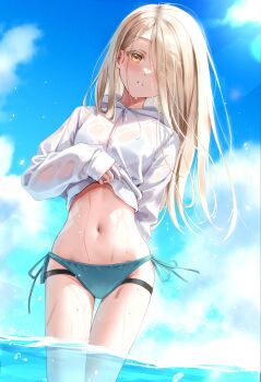 1girl absurdres bikini bikini_under_clothes blonde_hair blue_sky clothes_lift cloud colored_eyelashes commentary enu_illustip gakuen_idolmaster green_bikini hair_ornament hair_over_one_eye hairclip highres hood hood_down hoodie idolmaster jacket jacket_lift kimi_to_semi_blue_(idolmaster) lifting_own_clothes linea_alba long_hair looking_at_viewer navel orange_eyes outdoors parted_lips see-through_clothes shinosawa_hiro side-tie_bikini_bottom sky solo stomach swimsuit wading water wet wet_clothes wet_jacket white_hoodie
