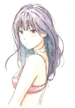 Rule 34 | 1girl, :o, absurdres, bbmasa, blush, bra, breasts, commentary request, from side, hibike! euphonium, highres, liz to aoi tori, long hair, looking at viewer, pink bra, purple eyes, red eyes, simple background, small breasts, solo, traditional media, underwear, upper body, white background, yoroizuka mizore