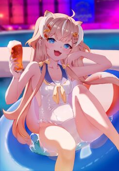 1girl absurdres ahoge alcohol animal_ears ball beachball beer blonde_hair blue_eyes blue_sailor_collar bow breasts chromashift commentary cup ddann drinking_glass english_commentary fang feet_out_of_frame frilled_one-piece_swimsuit frills glass hair_bow hair_ornament hairclip highres holding holding_cup long_hair looking_at_viewer multicolored_hair neckerchief one-piece_swimsuit open_mouth pool sailor_collar shabel_tonya skin_fang small_breasts smile solo streaked_hair swim_ring swimsuit tiger_girl tiger_hair_ornament virtual_youtuber water white_one-piece_swimsuit white_streaks yellow_bow yellow_neckerchief