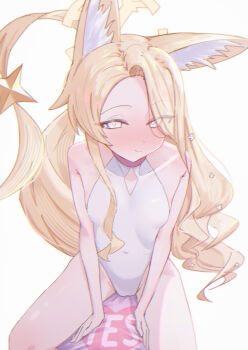 1girl absurdres animal_ears bare_shoulders blonde_hair blue_archive blush choker cleavage_cutout clothing_cutout collarbone commentary_request covered_navel flat_chest fox_ears fox_tail groin hair_over_one_eye halo highres light_smile long_hair looking_at_viewer one-piece_swimsuit pillow sainarohh seia_(blue_archive) seia_(swimsuit)_(blue_archive) solo swimsuit tail thighs white_one-piece_swimsuit yellow_eyes yellow_halo