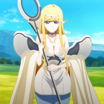 Rule 34 | 1girl, absurdres, alternate costume, annette (isekai shikkaku), blonde hair, blue eyes, breasts, cleavage, curvy, dress, elf, highres, isekai shikkaku, large breasts, legs, long hair, looking at viewer, official alternate costume, pointy ears, serious, sleeveless, solo, staff, stitched, thighs, third-party edit, very long hair, wide hips