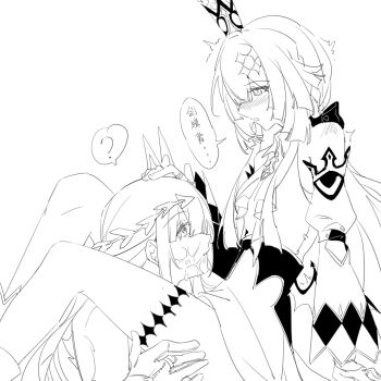 2girls ? after_cunnilingus between_legs blush cerydra_(honkai:_star_rail) chinese_commentary chinese_text commentary_request dress hand_on_another&#039;s_head highres honkai:_star_rail honkai_(series) hysilens_(honkai:_star_rail) multiple_girls open_mouth pussy_juice_on_face speech_bubble spoken_question_mark thigh_strap translation_request xianyuqihaouki yuri