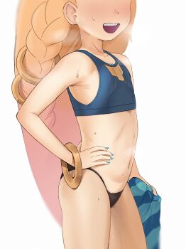 1girl arms_at_sides bangle bare_shoulders bikini black_bikini blue_nails blurry bracelet cowboy_shot depth_of_field eyes_out_of_frame flat_chest from_side hand_on_own_hip head_out_of_frame henz_(ketchupp) highres jewelry league_of_legends loli long_hair navel open_mouth paid_reward_available simple_background smile solo steaming_body sweat swimsuit white_background zoe_(league_of_legends)