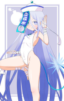 1girl absurdres bandages blue_eyes blue_hair bombergirl feet_out_of_frame gradient_hair hat highleg highleg_leotard highres jiangshi_costume leotard long_hair looking_at_viewer mandarin_collar multicolored_hair ofuda ofuda_on_head qingdai_guanmao solo standing standing_on_one_leg suisui_(bombergirl) white_leotard yamatotatari
