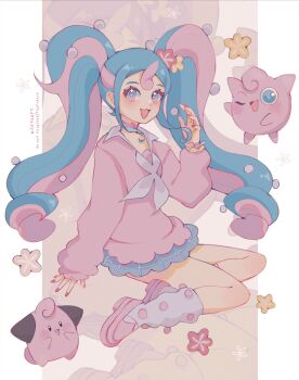 1girl :d absurdres blue_eyes blue_hair blue_skirt border choker cleffa collared_sweater commentary fairy_miku_(project_voltage) flower full_body gen_1_pokemon gen_2_pokemon hair_flower hair_ornament hatsune_miku heart heart-shaped_pupils heart_choker highres jigglypuff long_hair long_sleeves looking_at_viewer loose_socks milktuart multicolored_hair neckerchief nintendo open_mouth pink_background pink_choker pink_hair pink_nails pink_shoes pink_sweater pokemon pokemon_(creature) project_voltage red_flower shoes simple_background sitting skirt smile socks sweater symbol-only_commentary symbol-shaped_pupils twintails two-tone_hair vocaloid white_border white_neckerchief white_socks yellow_flower