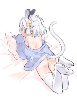1girl animal_ears ass back bed_sheet blue_jacket blush cheese_hair_ornament feet food-themed_hair_ornament full_body hair_ornament indie_virtual_youtuber jacket loli looking_at_viewer looking_back maplesights mouse_ears mouse_girl mouse_tail nemimi_yane on_bed open_clothes pillow red_eyes short_hair solo sweat sweatdrop tail thighhighs white_hair white_thighhighs