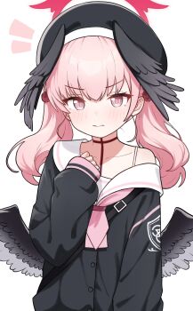 1girl absurdres bag beret black_bag black_wings blue_archive blush closed_mouth collarbone feathered_wings halo hat head_wings highres koharu_(blue_archive) korean_commentary long_hair long_sleeves looking_at_viewer low_wings neckerchief off_shoulder pink_eyes pink_hair pink_neckerchief red_halo saho_4545 sailor_collar shirt shoulder_bag simple_background solo spread_wings twintails upper_body white_background white_sailor_collar winged_halo winged_hat wings