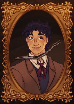 1boy absurdres blue_eyes blue_hair blue_sweater_vest brown_jacket collared_shirt commentary donniipao english_commentary highres jacket jojo_no_kimyou_na_bouken jonathan_joestar looking_at_viewer male_focus official_alternate_costume phantom_blood picture_frame portrait portrait_(object) red_ribbon ribbon shirt smile solo sweater_vest white_shirt