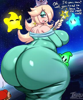 1boy 1girl 3others absurdres ass blonde_hair blue_eyes breasts closed_eyes crown earrings english_text happy highres huge_ass huge_breasts inuzu jewelry long_hair looking_back luma_(mario) mario mario_(series) multiple_others nintendo piercing rosalina star_(sky) super_mario_galaxy