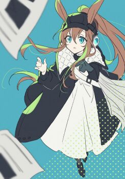 1girl amiya_(arknights) amiya_(newsgirl)_(arknights) animal_ears aqua_background aqua_eyes arknights belt black_coat black_hat black_shoes brown_hair coat dress from_above hat high_ponytail long_hair long_sidelocks official_alternate_costume parted_lips polka_dot ponytail rabbit_ears rabbit_girl shoes shuai sidelocks solo very_long_hair white_belt white_dress